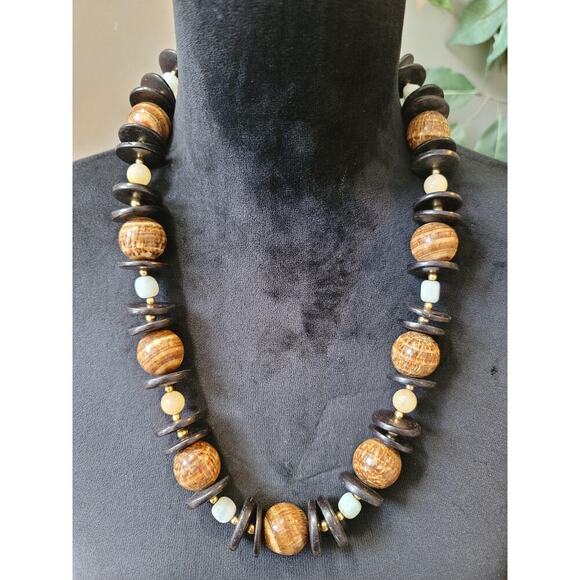 Women's Brown Wood Beaded Necklace Lobster Clasp Natural Boho Statement - Picture 1 of 5